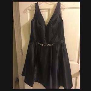 May Queen 14 Navy Satin Short Dress w/ Beaded Belt